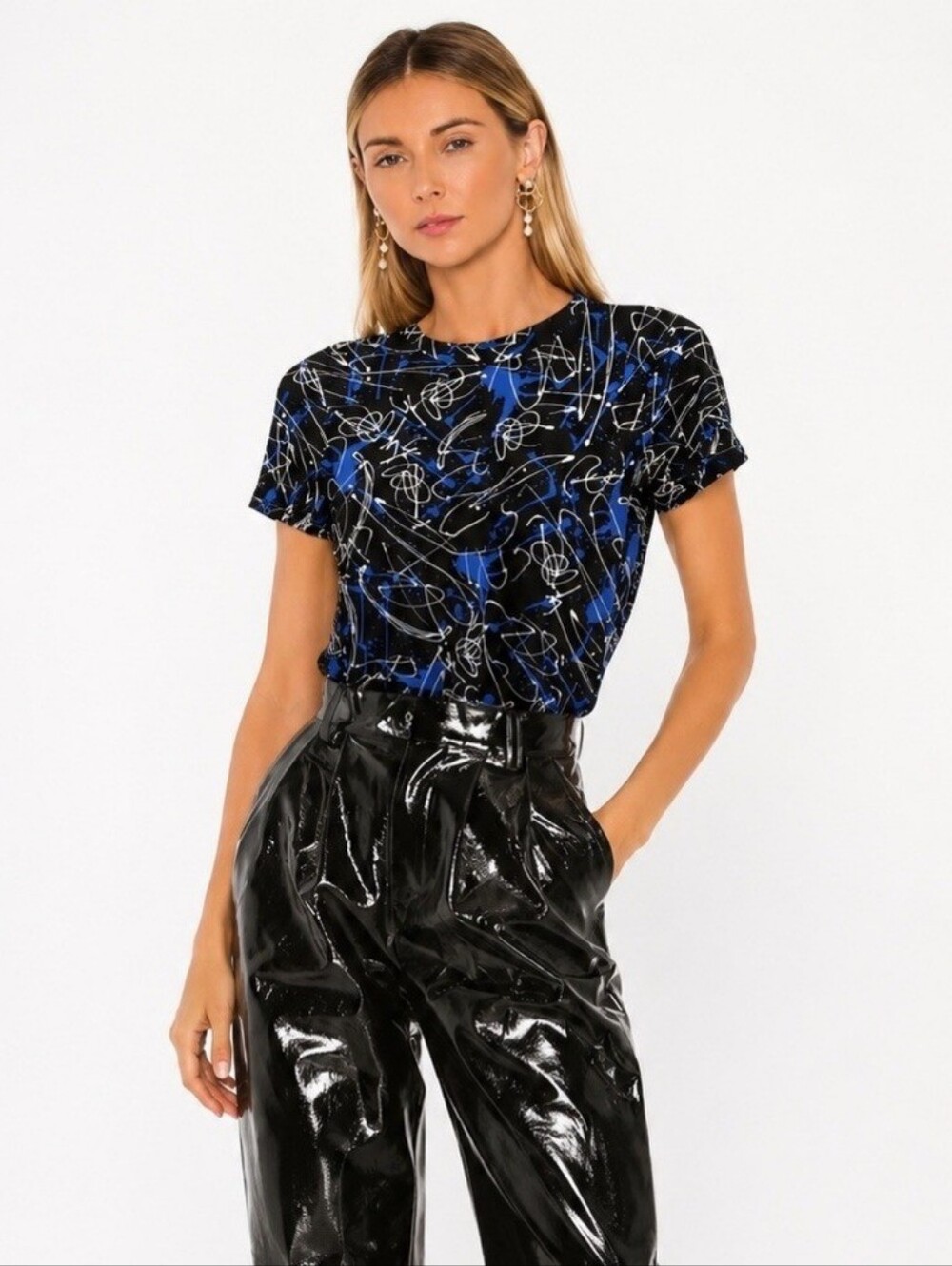 Norma Kamali Black Short Sleeve Tee with Blue & White Abstract Print